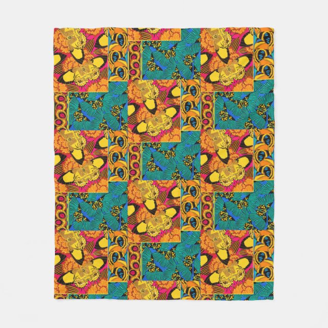 Vibrant Maximalist Pink & Teal Butterfly Art Fleece Blanket (Front)