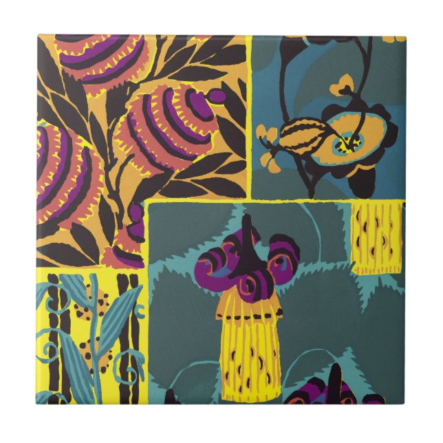 Vibrant Maximalist Purple & Teal Floral Print Ceramic Tile (Front)