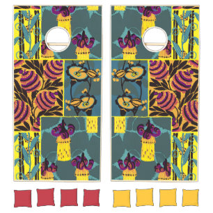 Vibrant Maximalist Purple & Teal Floral Print Cornhole Set