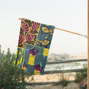 Vibrant Maximalist Purple & Teal Floral Print House Flag