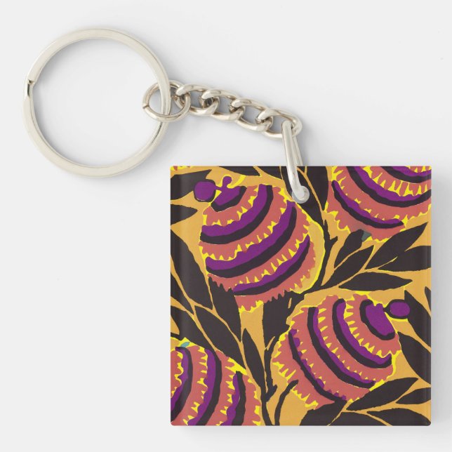 Vibrant Maximalist Purple & Teal Floral Print Keychain (Front)