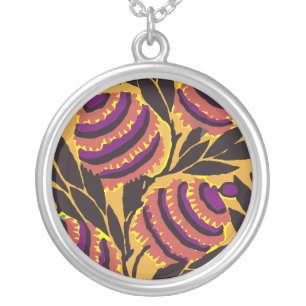 Vibrant Maximalist Purple & Teal Floral Print Silver Plated Necklace