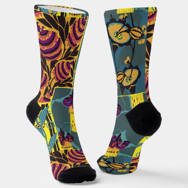 Vibrant Maximalist Purple & Teal Floral Print Socks (Angled)