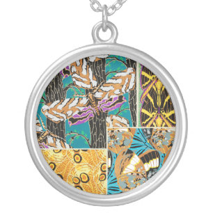 Vibrant Maximalist Teal & Purple Butterfly Art Silver Plated Necklace