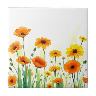 Vibrant Meadow Watercolor with Poppies Sunflowers Ceramic Tile