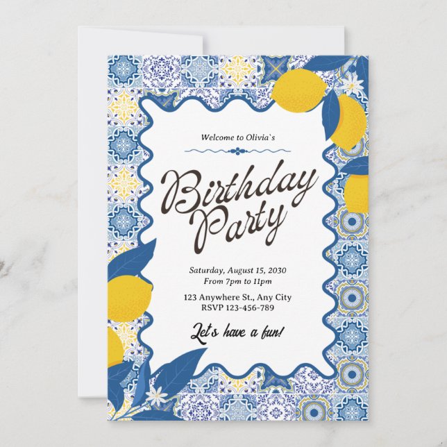 Vibrant Mediterranean Lemon & Blue Birthday Invitation (Front)