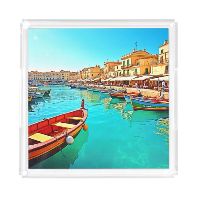 Vibrant Mediterranean Port Life Design Acrylic Tray (Front)