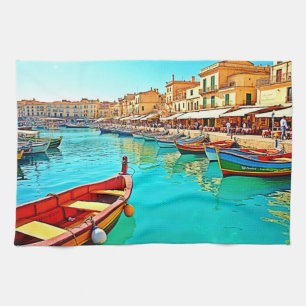 Vibrant Mediterranean Port Life Design Kitchen Towel