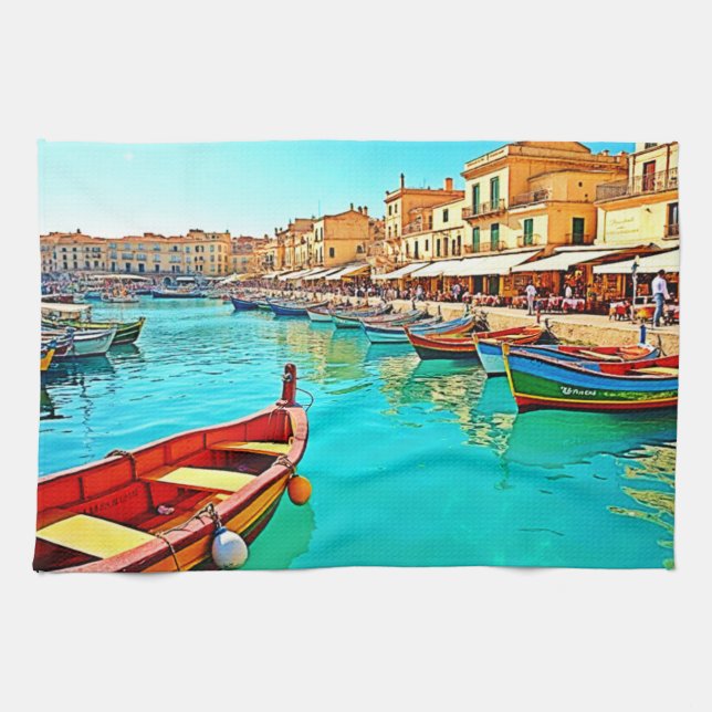 Vibrant Mediterranean Port Life Design Kitchen Towel (Horizontal)