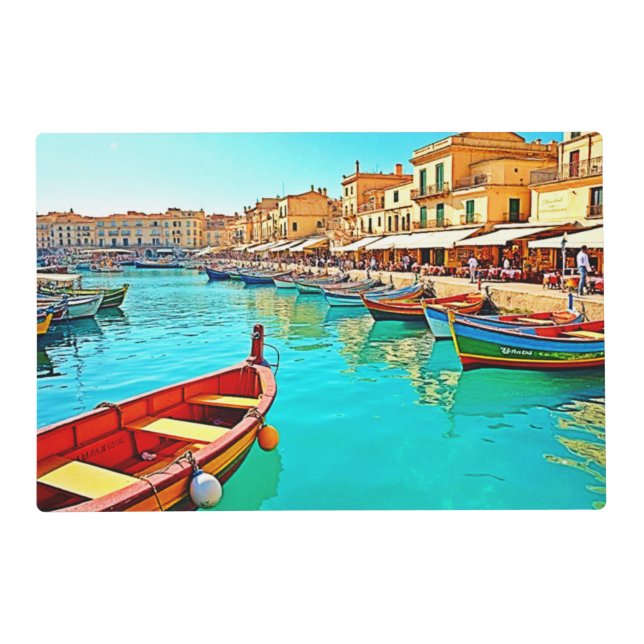 Vibrant Mediterranean Port Life Design Placemat (Front)