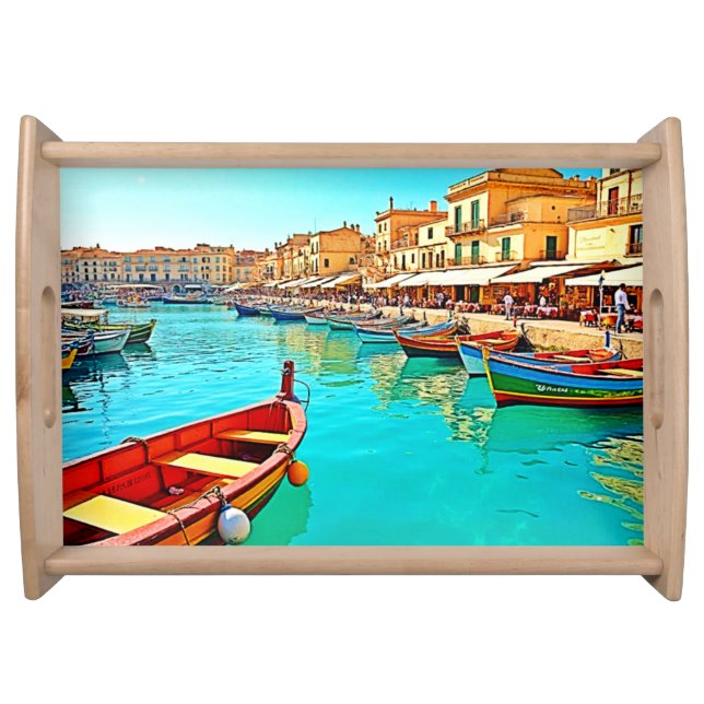 Vibrant Mediterranean Port Life Design Serving Tray (Front)