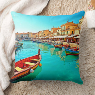 Vibrant Mediterranean Port Life Design Throw Pillow
