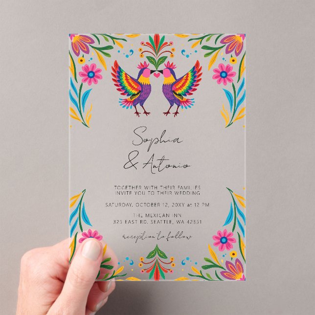 Vibrant Mexican Birds Otomi Floral Fiesta Wedding Acrylic Invitations (Insitu (Handheld))