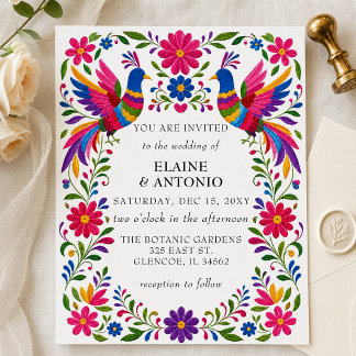 Vibrant Mexican Birds Otomi Floral Fiesta Wedding Invitation