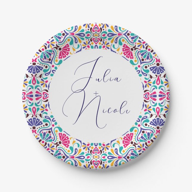 Vibrant Mexican Fiesta Style Rainbow Wedding Paper Plates (Front)