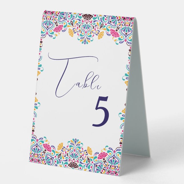 Vibrant Mexican Fiesta Style Rainbow Wedding Table Tent (Front)