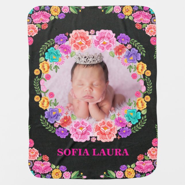 Vibrant Mexican Floral Fiesta Girl Monogram Photo Baby Blanket (Front)