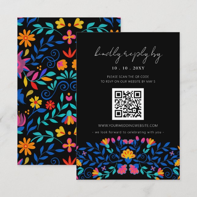 Vibrant Mexican Floral Fiesta Wedding QR code RSVP Card (Front/Back)