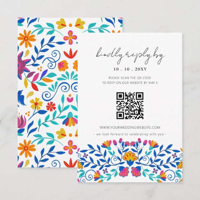 Vibrant Mexican Floral Fiesta Wedding QR code RSVP Card (Front/Back)