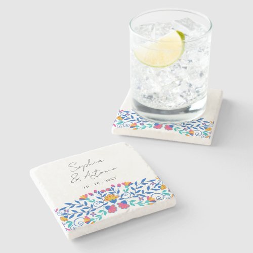 Vibrant Mexican Floral Fiesta Wedding Stone Coaster