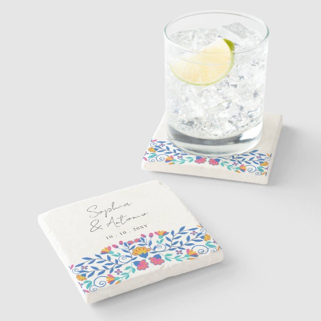 Vibrant Mexican Floral Fiesta Wedding Stone Coaster (Side)