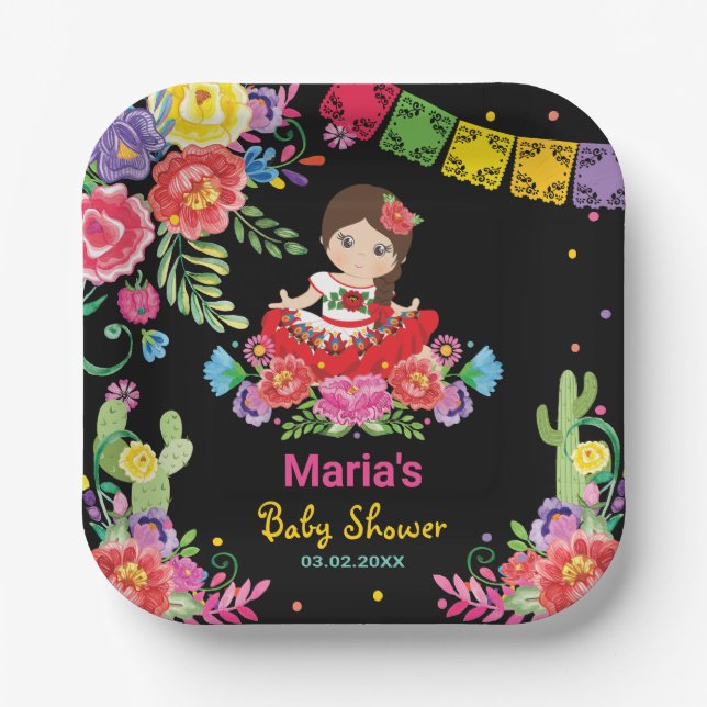 Vibrant Mexican Flowers Señorita Girl Baby Shower Paper Plates (Front)