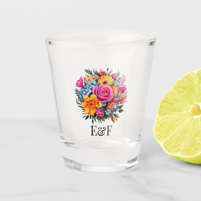 Vibrant Mexican Folk Art Floral Custom Initials Shot Glass (Front)