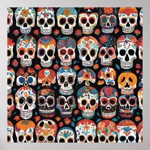 Vibrant Mexican Folk Art Skull Design Poster
