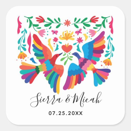 Vibrant Mexican Inspired Birds and Floral Square Sticker