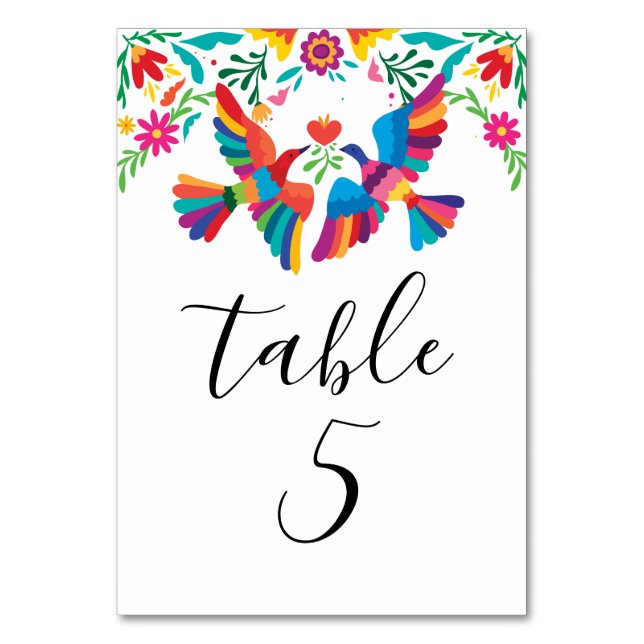 Vibrant Mexican Inspired Birds and Floral Wedding Table Number (Front)