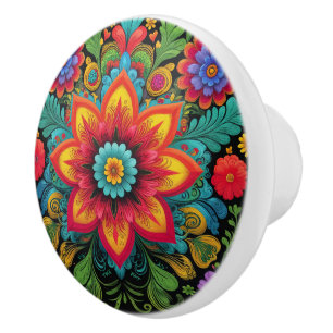 Vibrant Mexican-inspired Floral Design Ceramic Knob