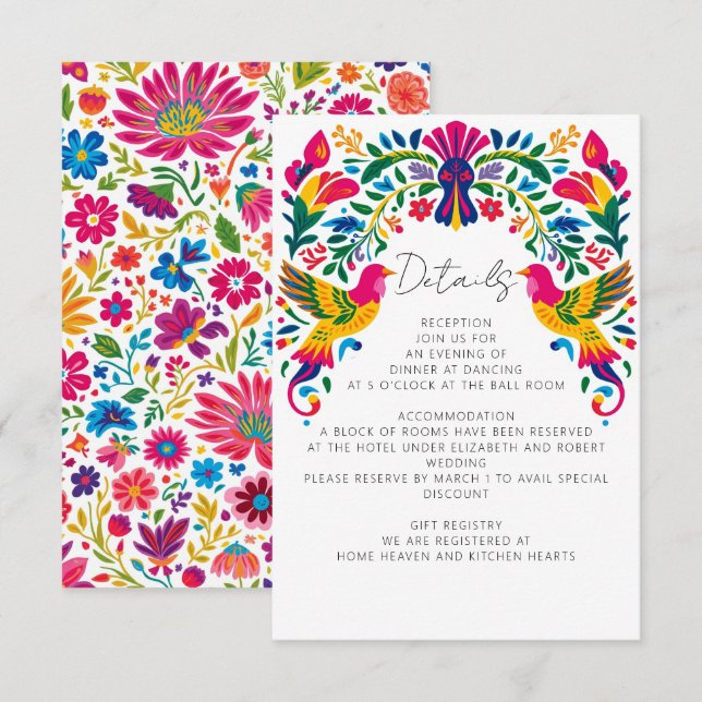 Vibrant Mexican Otomi Birds Floral Fiesta Wedding Enclosure Card (Front/Back)
