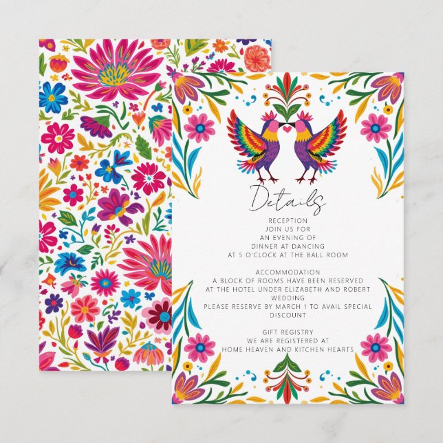 Vibrant Mexican Otomi Birds Floral Fiesta Wedding Enclosure Card (Front/Back)