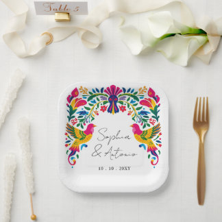 Vibrant Mexican Otomi Birds Floral Fiesta Wedding Paper Plates