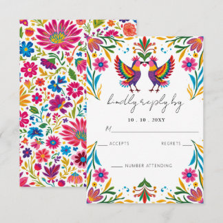 Vibrant Mexican Otomi Birds Floral Fiesta Wedding RSVP Card
