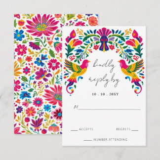Vibrant Mexican Otomi Birds Floral Fiesta Wedding RSVP Card