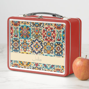 Vibrant Mexican Red Blue Tiles Personalized Metal Lunch Box