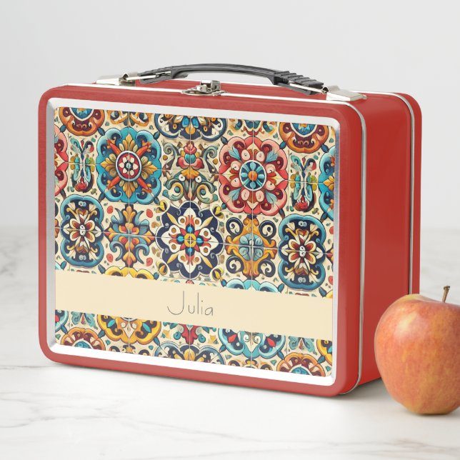 Vibrant Mexican Red Blue Tiles Personalized Metal Lunch Box (In Situ)
