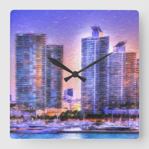 Vibrant Miami Skyline Sunrise Square Wall Clock