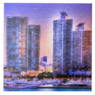 Vibrant Miami Skyline Sunrise Tile