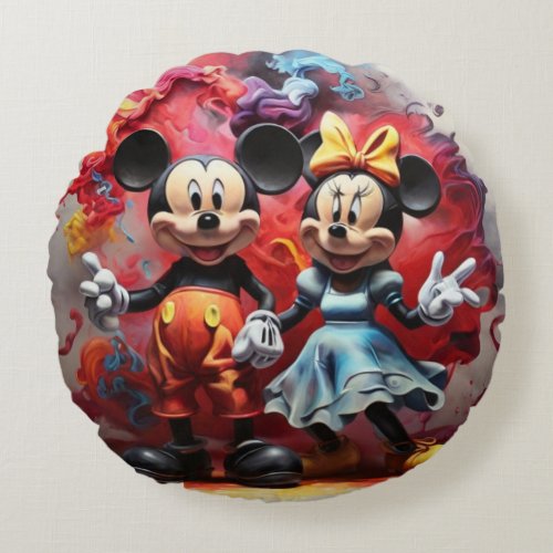  Vibrant Mickey  Minnie Smoke Art Round Pillow
