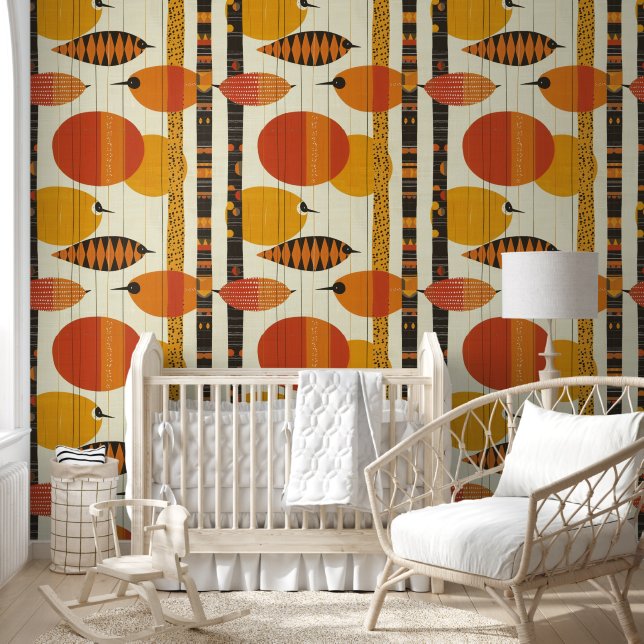 Vibrant Mid-Century Modern Bird Pattern Retro Wallpaper | Zazzle