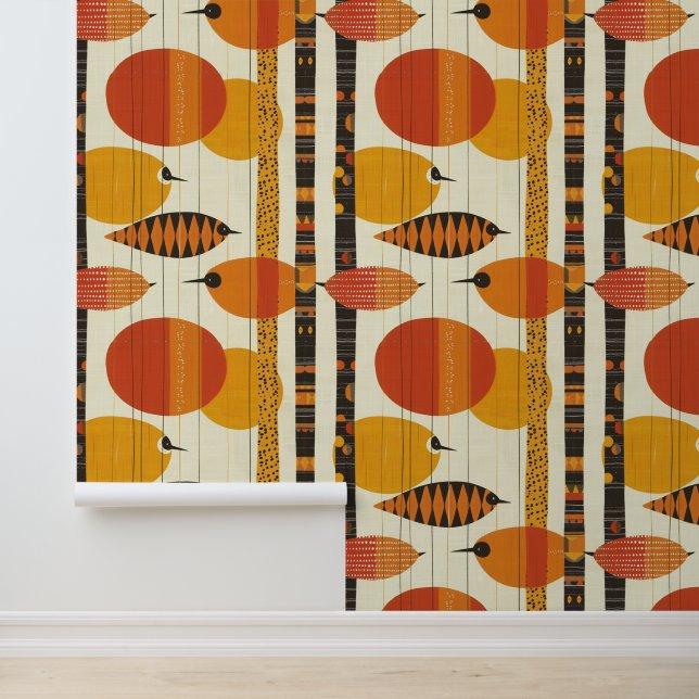 Vibrant Mid-Century Modern Bird Pattern Retro Wallpaper | Zazzle
