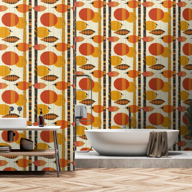 Vibrant Mid-Century Modern Bird Pattern Retro Wallpaper | Zazzle