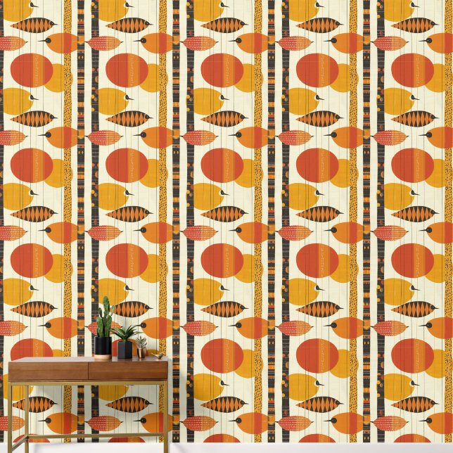 Vibrant Mid-Century Modern Bird Pattern Retro Wallpaper | Zazzle