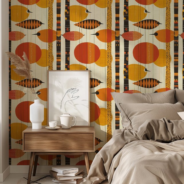 レトロ ミッドセンチュリー 昭和 平成レトロ ネオレトロ retro mod Vibrant Mid-Century Modern Bird Pattern Retro Wallpaper | Zazzle