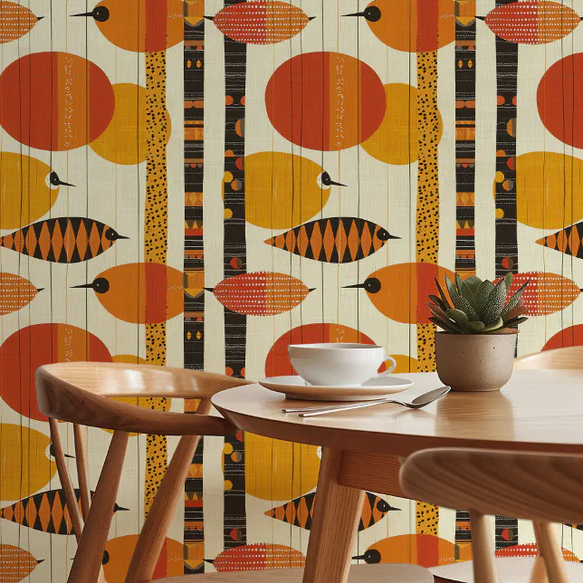 Vibrant Mid-Century Modern Bird Pattern Retro Wallpaper | Zazzle