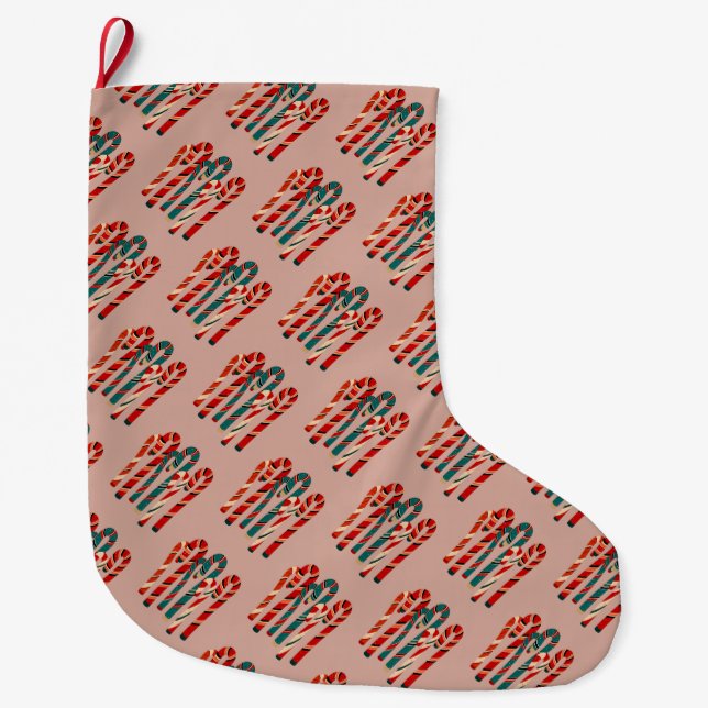 Vibrant Mid Century Modern Christmas Candy Cane Large Christmas Stocking (Front)
