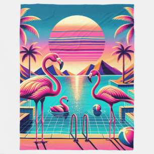 “Vibrant Mid-Century Modern Flamingo Pool Sunset" Fleece Blanket