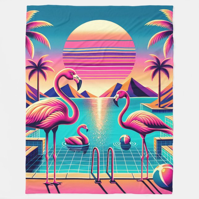 “Vibrant Mid-Century Modern Flamingo Pool Sunset" Fleece Blanket (Front)